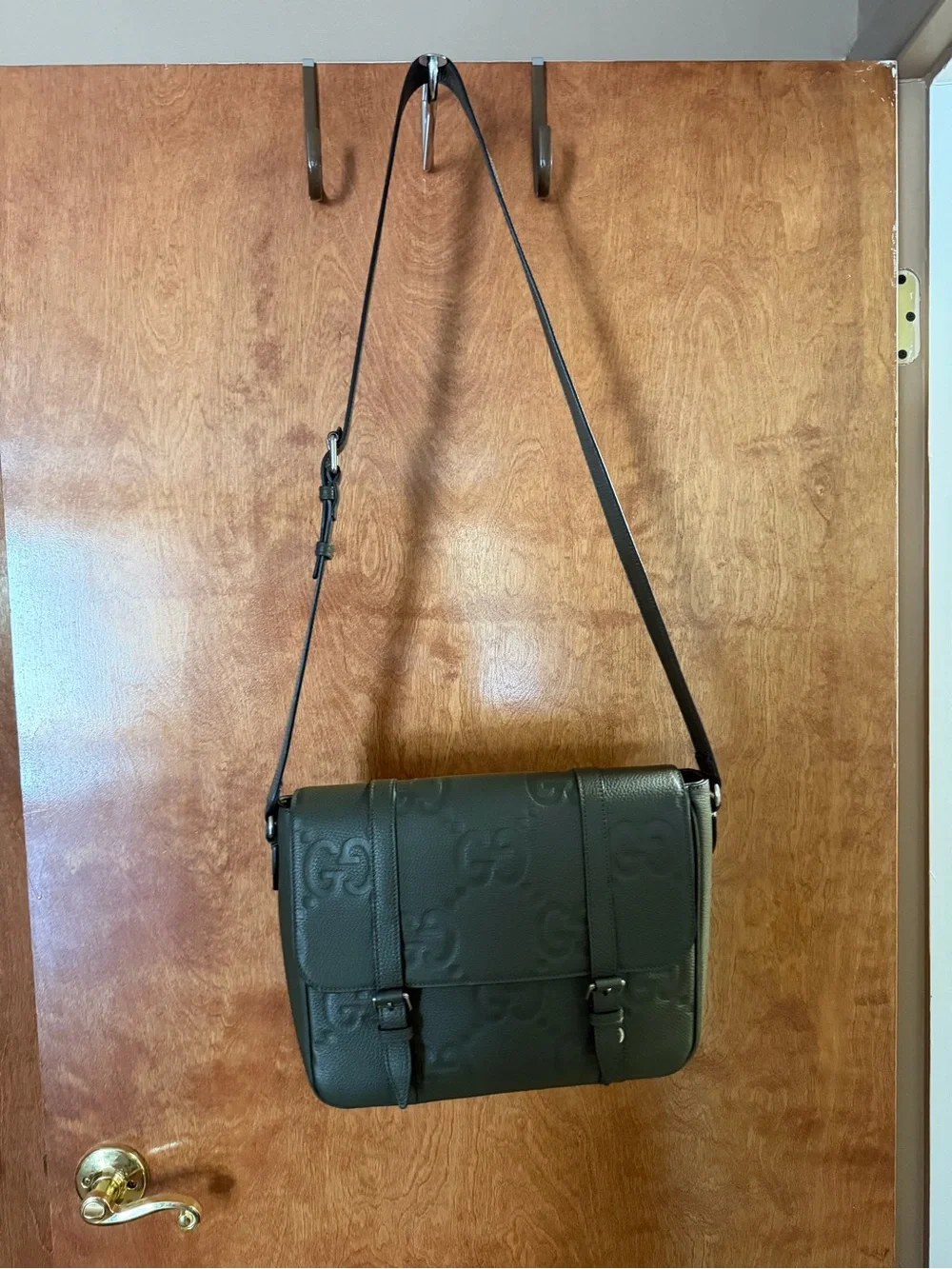 Gucci Dark Green Embossed GG Leather Messenger Bag
